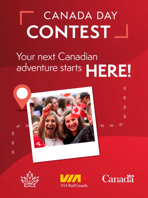Canada Day contest announcement with a photo of people celebrating and waving Canadian flags, inviting participation for a Canadian adventure.