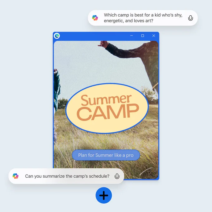 Copilot interface showing a summer camp webpage with people outdoors in tall grass and large text reading “Summer CAMP,” plus prompts asking about choosing a camp and summarizing the schedule.
