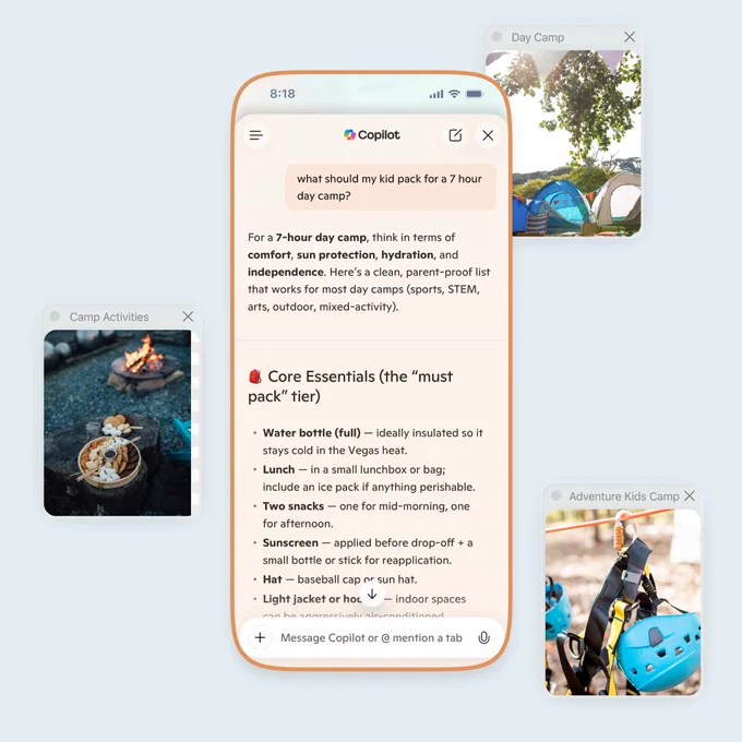 Mobile Copilot screen displaying a checklist for what a child should pack for a 7‑hour day camp, surrounded by small images of tents, a campfire with food, and climbing gear.