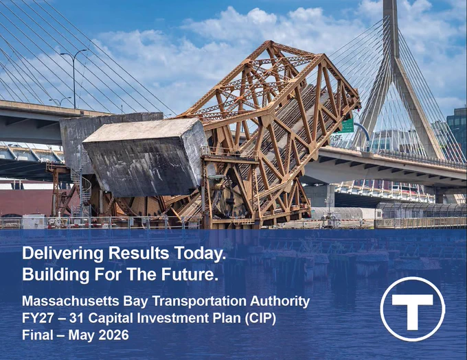 The cover of the FY2027-2031 Capital Investment Plan with the North Station Draw One Bridge raised in the air.