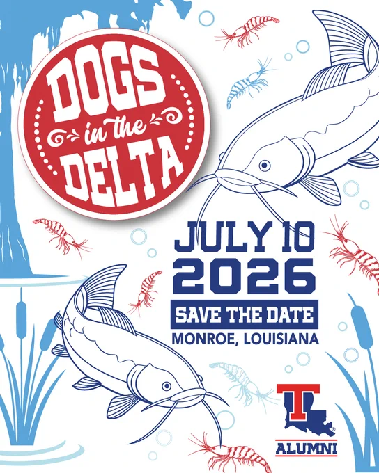 Red button with a Dogs in the Delta inside of it floats in the upper left corner of a bayou scene with a blue cypress tree, plants, and two catfish and shrimp in the background. July 10, 2026 and save the date are featured above Monroe, Louisiana
