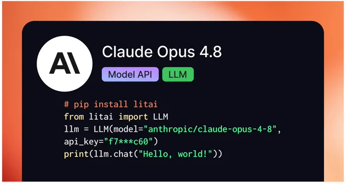 A screenshot of a code snippet for using the Claude Opus 4.8 API. The code shows how to install and import the LLM model and includes a partially redacted API key. The background is a gradient of orange and dark colors.