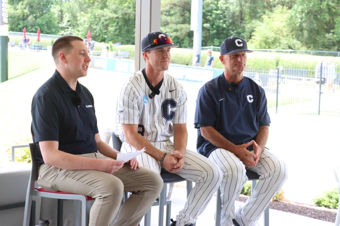 Jim Gantt and Sam Hunter take part in Media Day at the DII Baseball National Championships.