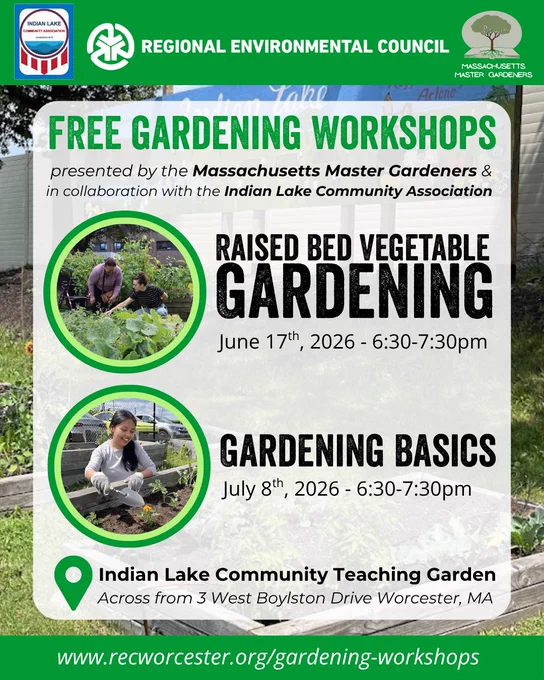 Flyer for free Regional Environmental Council gardening workshops presented by the Massachusetts Master Gardeners and in collaboration with the Indian Lake Community Association, featuring sessions on raised bed vegetable gardening on June 17th from 6:30-7:30pm, and gardening basics on July 8th, from 6:30-7:30pm. Both of these workshops will be located at the Indian Lake Community Teaching Garden across from 3 West Boylston Drive Worcester, MA. Visit www.recworcester.org/gardening-workshops