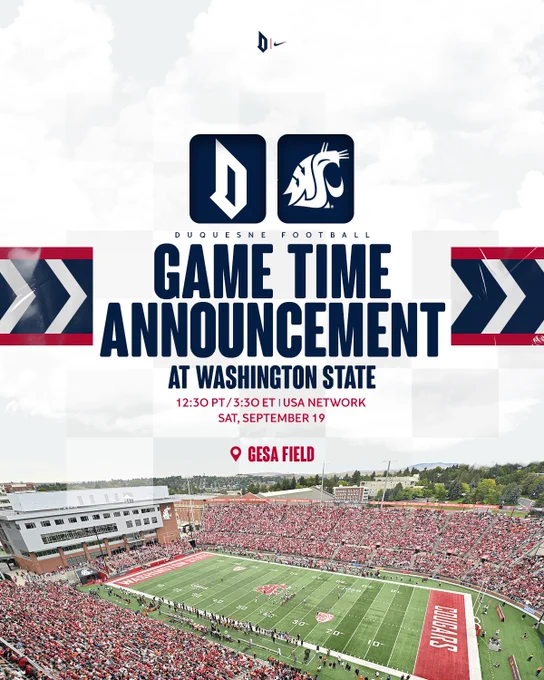 Game Time & TV Announcement Graphic: Dukes at Washington State — 3:30 ET on USA Network
