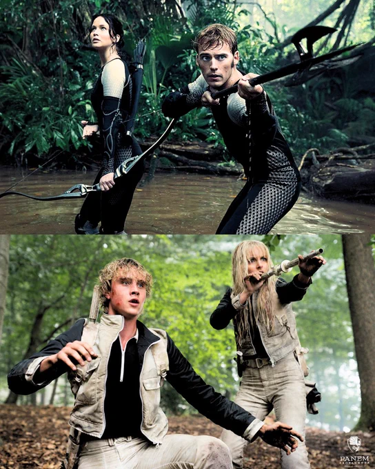 Side-by-side Hunger Games parallel graphic. The top image shows Katniss Everdeen and Finnick Odair standing together in the jungle arena during Catching Fire. Katniss holds her bow while Finnick crouches in front of her holding his trident defensively.

The bottom image shows young Haymitch Abernathy and Maysilee Donner in the forest arena from Sunrise on the Reaping. Haymitch kneels in the foreground looking alarmed while Maysilee stands behind him aiming a blowgun weapon into the distance. Both wear light-colored arena uniforms and appear tense and battle-worn.