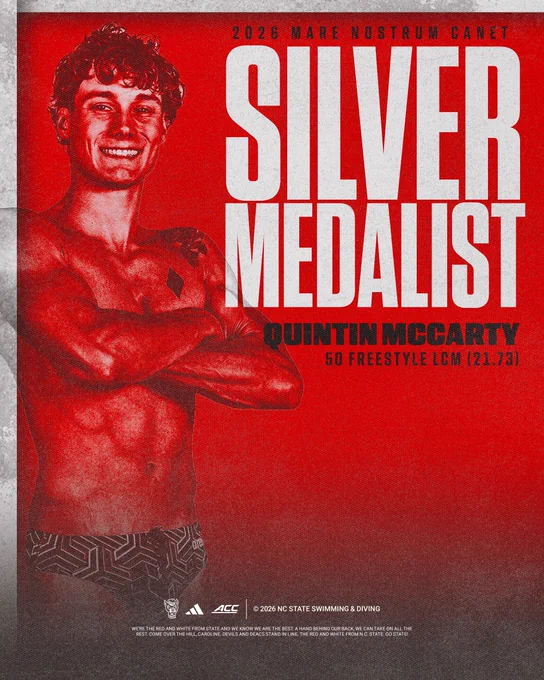Graphic of Quintin McCarty after winning silver in the 50m freestyle event at the 2026 Mare Nostrum swim series tour in Canet-en-Roussillon!