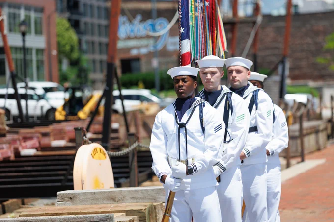 Photo of the U.S. Navy Color Guard lined up.