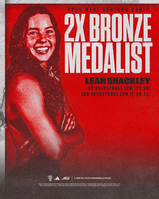 Graphic of Leah Shackley after taking home two bronze medals in the 50m and 100m backstroke at the Mare Nostrum Canet-en-Roussillon Swim Tour!