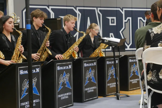 Members of the Francis Howell Central jazz band play their saxophones during the Jazz Central Concert at FHC