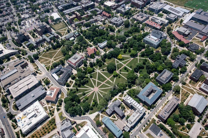 An aerial view of the central part of Ohio State's campus