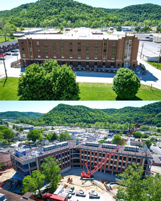 Two images combined into one - The top portion is the aerial construction of MSU’s Prefontaine Hall while the bottom portion is the aerial construction of the new Science & Engineering Building.