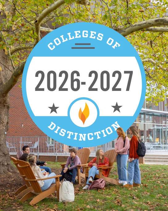 Badge text: "Colleges of 2026-2027 distinction." Students sitting in Adirondack chairs outside of the Union.