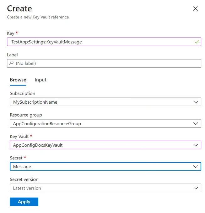 Screenshot of the dialog for creating a Key Vault reference. The Key, Subscription, Resource group, Key Vault, and Secret fields are populated.