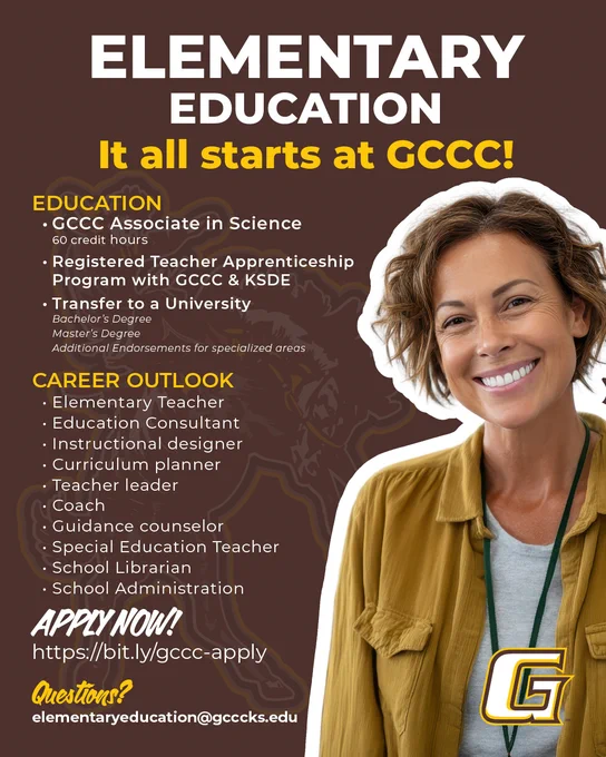 Promotional flyer for GCCC's Elementary Education program listing education paths and career options with a blurred female figure on the right.