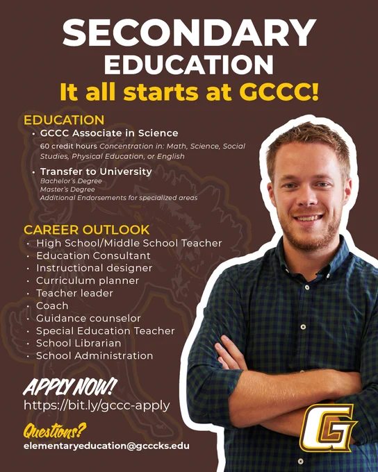 Informational poster promoting secondary education at GCCC with career options and transfer opportunities listed.