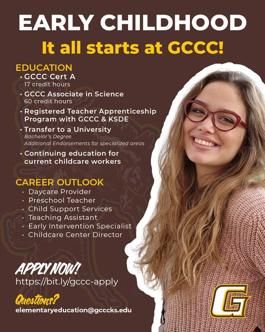 Overview of early childhood education programs at GCCC, including certificates, associate degrees, and career paths like preschool teacher and childcare director.