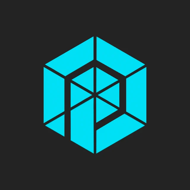 A minimalist geometric logo for the Protectorate organisation from the game Chrysalis: Chrome Butterfly. The emblem features a stylized, vibrant hexagon composed of sharp geometric shapes and segments on a solid dark gray background. Dark gray lines cut through the cyan areas, subtly forming a stylized letter P within the structure