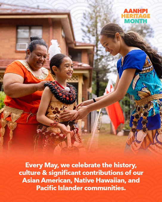 AANHPI
HERITAGE
MONTH
Every May, we celebrate the history, culture & significant contributions of our Asian American, Native Hawaiian, and Pacific Islander communities. 

Photo description:
On a college campus, a woman wearing traditional Native Hawaiian clothing and accessories places a vibrant floral lei around a young girl dressed in similar attire. A young woman stands beside them, holding the child’s hand. All three are smiling, sharing a warm and celebratory moment together outdoors.