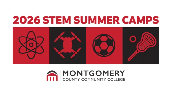 Red and black banner for Montgomery County Community College’s 2026 STEM Summer Camps. Icons include an atom symbol, drone, soccer ball, and lacrosse stick.