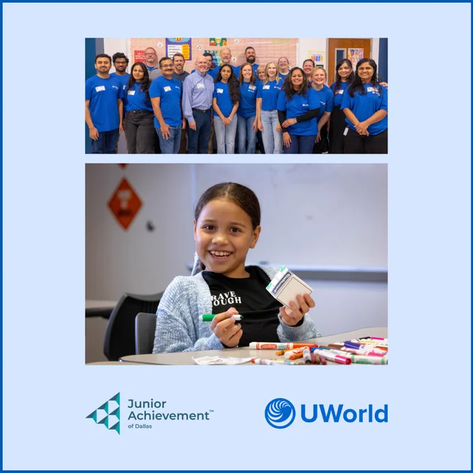 This image features a group of people in blue Junior Achievement of Dallas shirts gathered in a classroom setting, smiling at the camera. Below is a young student holding a small item, seated at a table with markers. The logos of Junior Achievement of Dallas and UWorld are displayed at the bottom.