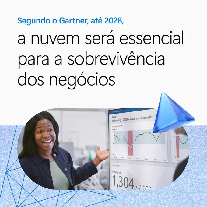 Pessoa em frente a uma tela com gráficos; texto sobre a nuvem como elemento-chave para os negócios.


