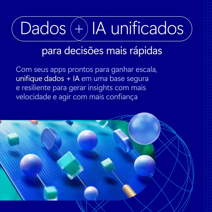 Fundo azul com formas geométricas e texto “Dados   IA unificados”.


