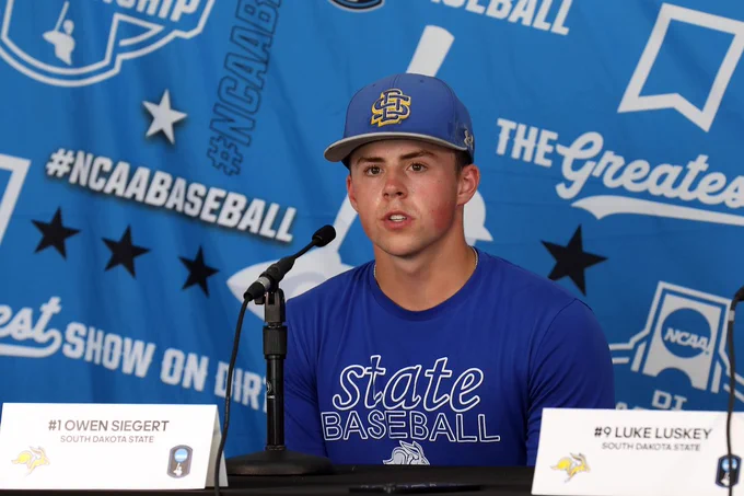 South Dakota State center fielder Owen Siegert listens to a question during a press conference held May 28, 2026, in advance of the Jackrabbits' opening round game against Nebraska in the NCAA Division I Baseball Championship at Hawks Field in Lincoln, Nebraska.