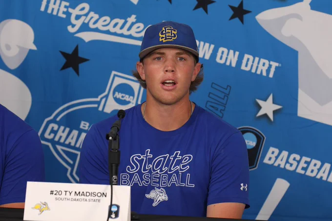 South Dakota State pitcher Ty Madison answers a question during a press conference held May 28, 2026, in advance of the Jackrabbits' opening round game against Nebraska in the NCAA Division I Baseball Championship at Hawks Field in Lincoln, Nebraska.