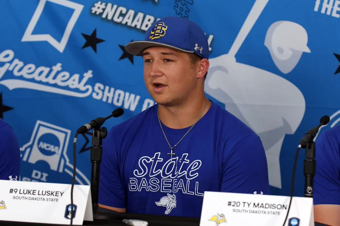 South Dakota State designated hitter Luke Luskey responds to a question during a press conference held May 28, 2026, in advance of the Jackrabbits' opening round game against Nebraska in the NCAA Division I Baseball Championship at Hawks Field in Lincoln, Nebraska.
