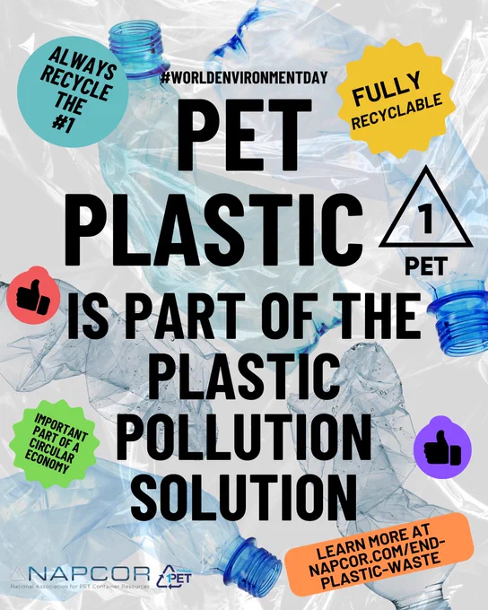 World Environment Day graphic featuring crushed PET plastic bottles in the background and bold black text reading “PET Plastic Is Part of the Plastic Pollution Solution.” Colorful callout bubbles say “Always recycle the #1,” “Fully recyclable,” and “Important part of a circular economy.” The image includes the PET #1 recycling symbol and directs viewers to NAPCOR.com/end-plastic-waste.
