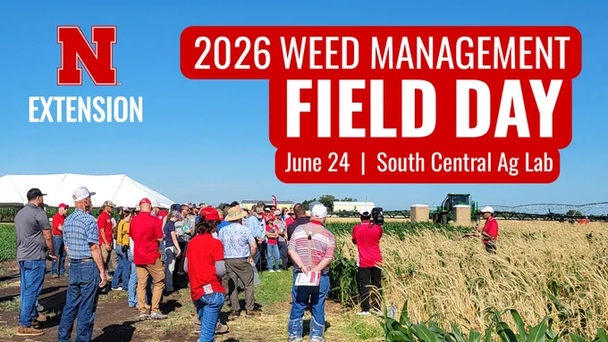 People standing in a field. Logo Artwork EXTENSION, Text: 2026 Weed Management FIELD DAY June 24 | South Central Ag Lab
