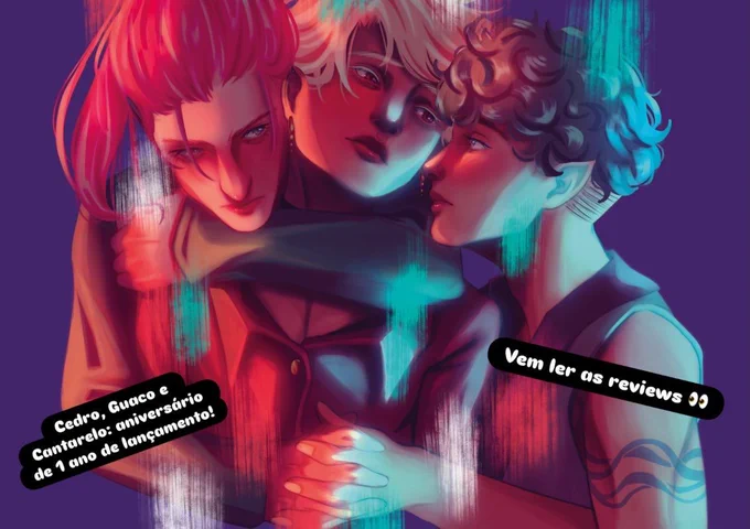 Versão horizontal da arte da capa feita por Sasyk para Cedro, Guaco e Cantarelo, livro de Fai Mazell. Nela, os três protagonistas aparecem entrelaçados: Cedro no centro, um pouco angustiado, derretido no abraço de Cantarelo, que o envolve com um braço na altura do pescoço, enquanto Cedro se perde nos olhos de Guaco, à sua direita. À sua esquerda e por cima de seu ombro, Cantarelo espia Guaco de canto de olho com uma expressão atenta e um pouco desconfiada. Guaco só parece ter olhos para Cedro, fitando-o apaixonadamente, mas sua mão segura discretamente a de Cantarelo: simultaneamente na frente de Cedro e longe de seu olhar. Há uma tensão inegável entre eles.
Cantarelo é um gnomo de pele branca, cabelos cor-de-rosa longos presos em um rabo alto com a franja caindo no rosto e olhos verdes vestindo uma camisa de manga longa. Cedro é um gnomo de pele marrom, cabelos curtos, dourados e esvoaçantes e olhos cor-de-vinho, usando brincos longos e uma camisa escura entreaberta. Guaco é um gnomo 