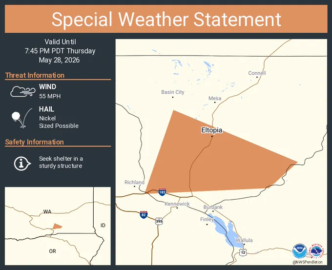 This graphic displays a special weather statement plotted on a map. The statement is in effect until 7:45 PM PDT.  The statement includes Eltopia WA.  A STRONG THUNDERSTORM WILL IMPACT SOUTHWESTERN FRANKLIN COUNTY THROUGH 745 PM PDT. The threats associated with this storm are wind gusts up to 55 MPH and nickel sized hail. Seek shelter in a sturdy structure until the storm passes.