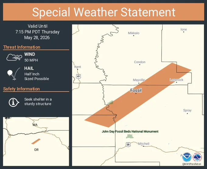 This graphic displays a special weather statement plotted on a map. The statement is in effect until 7:15 PM PDT.  The statement includes Fossil OR.  The threats associated with this storm are wind gusts up to 50 MPH and half inch sized hail. Seek shelter in a sturdy structure until the storm passes.