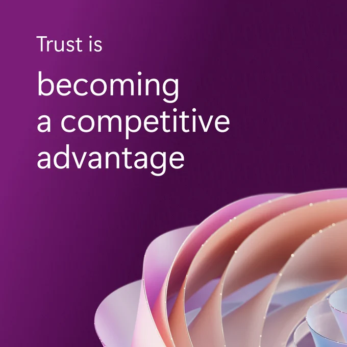 A purple background features the text "Trust is becoming a competitive advantage" alongside a curved, abstract design in pink and beige.