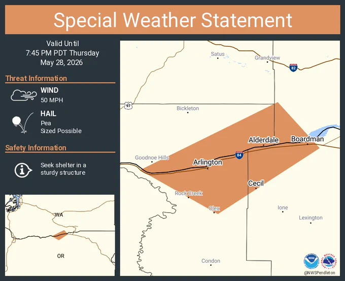 This graphic displays a special weather statement plotted on a map. The statement is in effect until 7:45 PM PDT.  The statement includes Boardman OR, Arlington OR and  Roosevelt WA.  The threats associated with this storm are wind gusts up to 50 MPH and pea sized hail. Seek shelter in a sturdy structure until the storm passes.