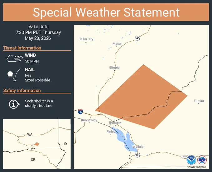 This graphic displays a special weather statement plotted on a map. The statement is in effect until 7:30 PM PDT.  The statement includes Franklin County, WA.  A STRONG THUNDERSTORM WILL IMPACT WEST CENTRAL WALLA WALLA AND SOUTH CENTRAL FRANKLIN COUNTIES THROUGH 730 PM PDT. The threats associated with this storm are wind gusts up to 50 MPH and pea sized hail. Seek shelter in a sturdy structure until the storm passes.