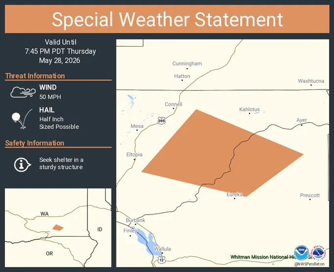 This graphic displays a special weather statement plotted on a map. The statement is in effect until 7:45 PM PDT.  The statement includes Franklin County, WA.  A STRONG THUNDERSTORM WILL IMPACT NORTH CENTRAL WALLA WALLA AND CENTRAL FRANKLIN COUNTIES THROUGH 745 PM PDT. The threats associated with this storm are wind gusts up to 50 MPH and half inch sized hail. Seek shelter in a sturdy structure until the storm passes.
