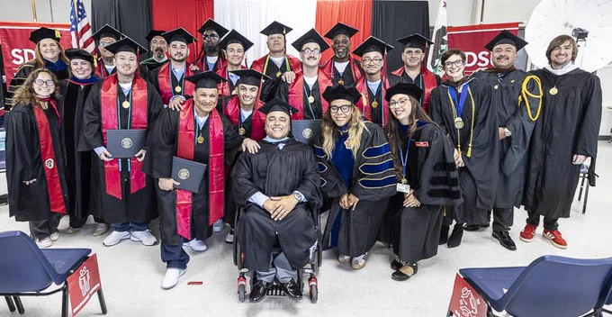 A group of people wearing graduation caps and gowns are standing in a celebratory manner. Some hold diplomas. There are signs in the background with the letters "SDSU".