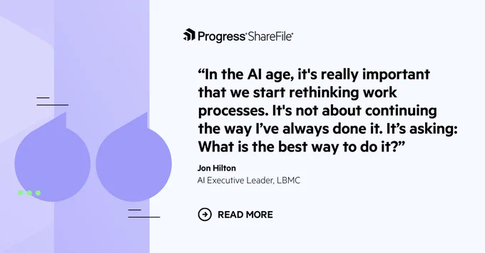 Quote from "LBMC’s Jon Hilton and Charlie Apigian on Staying Human-centric While Embracing AI": In the AI age, it’s really important that we start rethinking work processes. It’s not about continuing the way I’ve always done it, it’s asking: what is the best way to do it? 