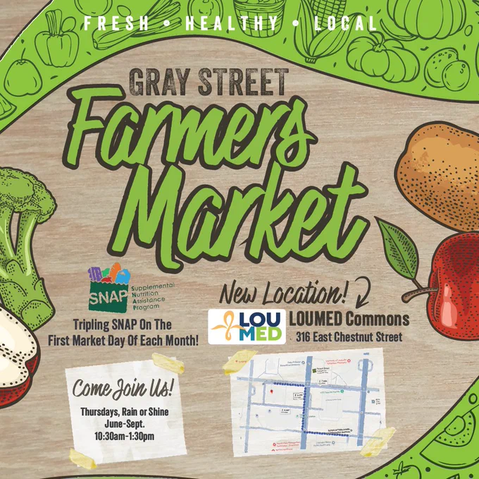 A poster for the Gray Street Farmers Market. The design includes illustrations of vegetables like broccoli, carrots, and peppers. It highlights the new location at LOU MED Commons, 316 East Chestnut Street. SNAP benefits are accepted, and there's a note about tripling SNAP on the first market day each month. The market runs Thursdays, 10:30am-1:30pm, June through September, rain or shine. A small map shows the location.