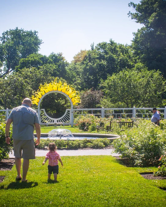Father and baby walking in garden
