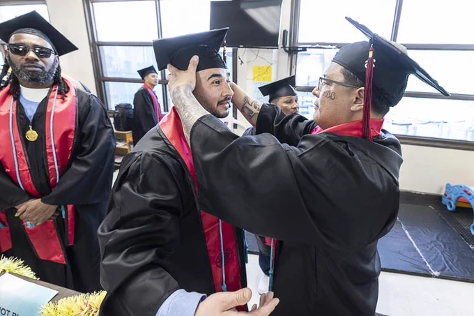 A person in graduation attire is adjusting the cap of another individual wearing similar attire. Both are in a room with several other people dressed in graduation robes. There are large windows and a TV mounted on the wall in the background.