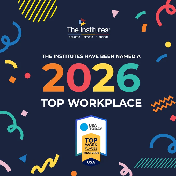 Colorful graphic celebrating that The Institutes have been named a 2026 Top Workplace by USA Today.