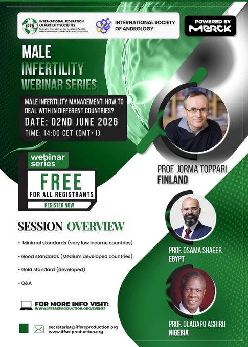 Free Webinar!!

IFFS - ISA Male Infertility Webinar Series: How to deal with -in different countries [Powered by @MerckGroup]
====
Join our Male Infertility Webinar Series and hear from leading experts from Finland and Egypt.

02nd June 2026 | 14:00 CET (GMT  1)

Explore key topics in male reproductive health, including clinical spectrum of male reproduction disorders: From Minimal standards (very low income countries), Good standards (Medium developed countries) to Gołd standard (developed) and a live Q&A session

Webinar Speakers:
Prof. Jorma Toppari (Finland)
Prof. Osama Shaeer (Egypt) @prof.osama.shaeer

Register now: https://us06web.zoom.us/webinar/register/WN_fRbR8ovSSBqSraB66WnqiQ

To know more about the event visit: https://www.iffsreproduction.org/event/male-reproduction-clinical-assessment-and-diagnosis-2/

#freewebinar #maleinfertilityawareness #healthcareprofessionals #iffs2026 #fertilitycare #webinarseries