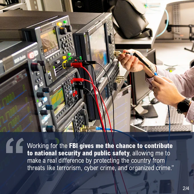 Man smiling while standing next to a whiteboard in a lab. Working for the FBI gives me the chance to contribute to national security and public safety, allowing me to make a real difference by protecting the country from threats like terrorism, cyber crime, and organized crime. FBI Jobs logo.