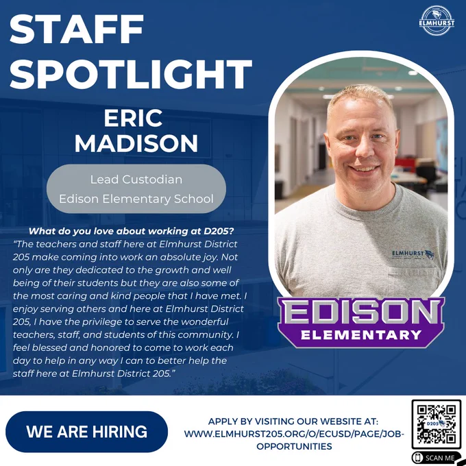 Spotlight on Eric Madison, Lead Custodian at Edison Elementary, expressing his appreciation for the supportive school community.
