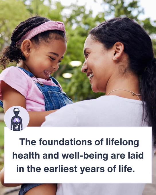 Caregiver holding and smiling at toddler. Text:  The foundations of lifelong health and well-being are laid in the earliest years of life.  