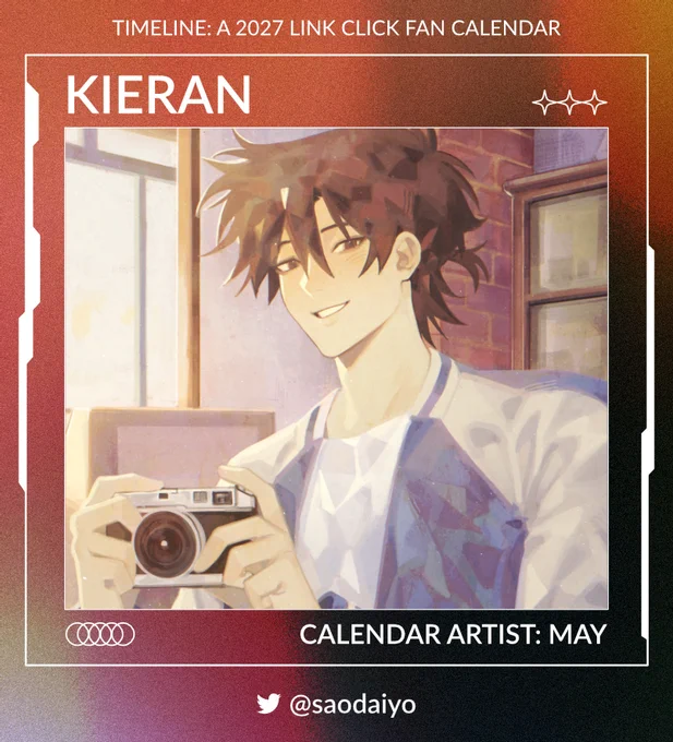 Framed by a camera UI design is the text, "Timeline: A 2027 Link Click Fan Calendar. Keiran! Calendar artist for the month of May. @ saodaiyo on Twitter." In the center is artwork by Kieran of Cheng Xiaoshi, softly backlit in the photo studio, holding a manual camera. 